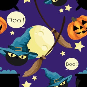 SPOOK TACLULAR Tela navideña de Halloween, calabaza, brujas, luna