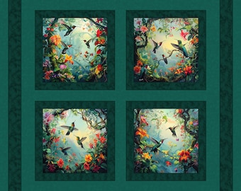 May include: A fabric panel featuring four square images of hummingbirds in a lush, colorful garden setting. The images are framed by vibrant flowers and foliage, with a teal green border. The hummingbirds are depicted in flight, adding a sense of movement.