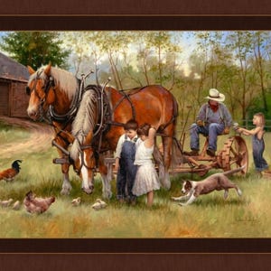 TAKING A BREAK Fabric Quilt Panel 36&quot; x 45&quot;, Horses, Country, Farm, Western
