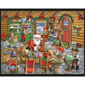 Santa&#39;s Toy Shop Fabric Quilt Panel: Christmas Holiday Elves (36&quot; x 45&quot;)