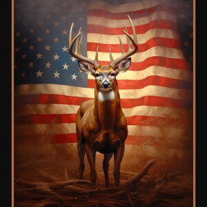 STANDING PROUD Fabric Quilt Panel 36&quot; x45&quot;, Deer, Buck, Hunting, USA Flag, Patriotic, America