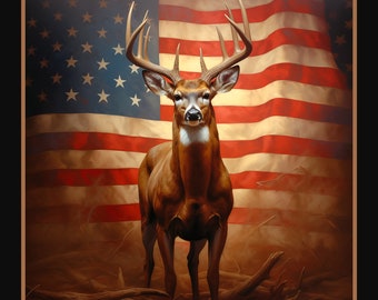 STANDING PROUD Fabric Quilt Panel 36" x45", Deer, Buck, Hunting, USA Flag, Patriotic, America