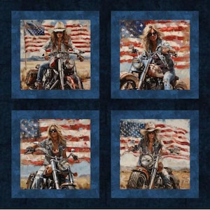 May include: A fabric panel featuring four square images of a woman on a motorcycle in front of an American flag. The images have a painterly style with a blue border and a dark blue background.