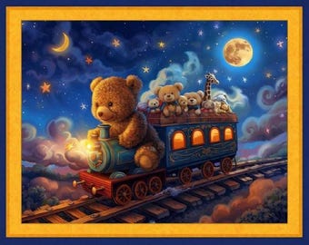 CHOO CHOO TEDDY Fabric Baby Quilt Panel 36&quot; x 45&quot;, Teddy Bear, Train, Stars (see description...)