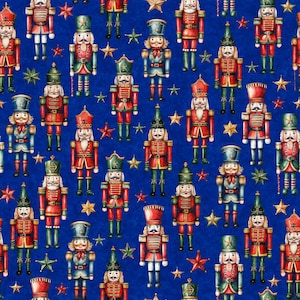 May include: A repeating pattern of watercolor nutcracker soldiers in red, green, and blue uniforms with gold accents. The background is a deep blue, and the design includes gold and red stars. This festive design is perfect for holiday-themed products.