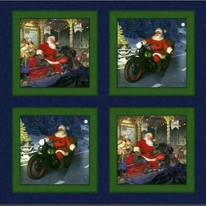 Santa Motorcycle Fabric Quilt Panel: Christmas Holiday Cotton (36&quot; x 45&quot;)