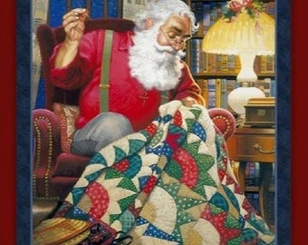 QUILTING SANTA Fabric Quilt Panel 36" x 45", Christmas, Holiday, Sewing, Quilting