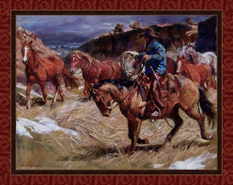 Panel de edredón de tela CANYON GATHERING de 36" x 45", vaquero, caballo, western