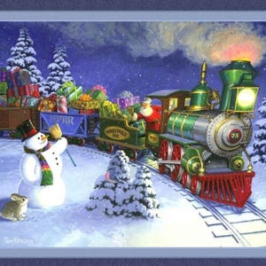 Panneau de courtepointe en tissu 36 x 45 po LE TRAIN DU PÈRE NOL, Noël, vacances, bonhomme de neige, jouets, neige, hiver