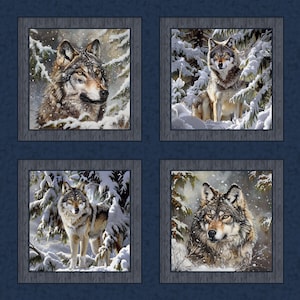 May include: Four framed images of wolves in a snowy forest setting. Each image features a different wolf with a distinct pose and expression. The frames are dark blue with a woodgrain texture.