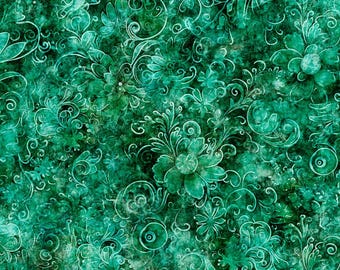 May include: A seamless pattern featuring a dark teal and green floral design. The pattern includes stylized flowers, leaves, and swirling vines in varying shades of green and white, creating a textured, artistic look. The overall effect is reminiscent of a watercolor painting.