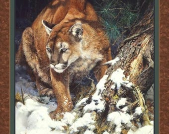 WINTER LOOKOUT 36" x 45" Fabric Quilt Panel, Cougar, Mountain Lion, Cat