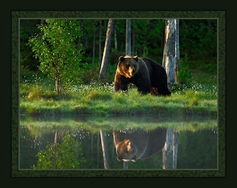 BIG BEAR LAKE Fabric Quilt Panel 36&quot; x 45&quot;, Black Bears, Wildlife Animals, Mountains, Cabin (see description...)