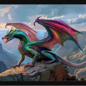 May include: A vibrant painting of a dragon perched on a rock formation. The dragon features iridescent teal, green, and purple scales, with wings in shades of pink, purple, and red. The background depicts a canyon landscape under a cloudy sky.