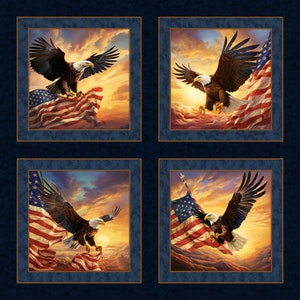 Eagles & USA Flag Fabric Quilt Panel - Soaring Sunrise Pillow Blocks (36" x 45")