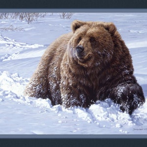 HEAVY GOING Fabric Quilt Panel 36&quot; x 45&quot;, Grizzly Bear, Snow, Wildlife (see description...)