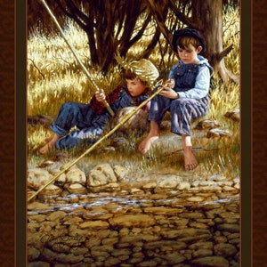 May include: Two young boys wearing straw hats and overalls sit by a stream, holding fishing poles. The boys are barefoot and are looking at the water. The scene is painted in a realistic style with a focus on detail.