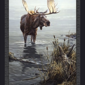 SILENT WATERS Fabric Quilt Panel 36" x 45", Moose, Wildlife, Mountain, Cabin