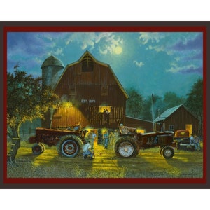 THE REMATCH Tractor Barn Farm Fabric Quilt Panel