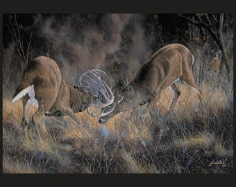 FIERCE RIVALS Fabric Quilt Panel, 36" x 45" Deer, Buck, Hunting