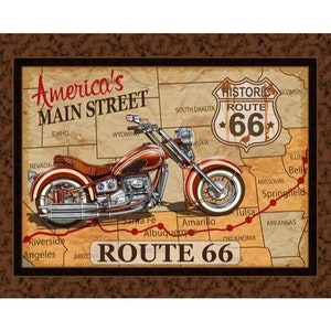 ROUTE 66 Motorcycle Travel Fabric Quilt Panel