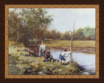 May include: A painting of four boys fishing in a river. The boys are wearing simple clothing and are standing or sitting on the riverbank. The river is surrounded by trees and grass. The painting is done in a realistic style and has a warm, nostalgic feel.