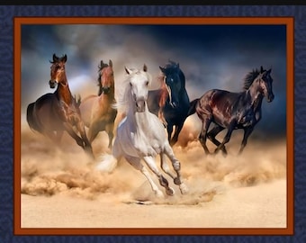Panel de edredón de tela WILD HORSES de 91 x 114 cm, Western, caballos, vaquero, vida silvestre
