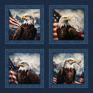 May include: A fabric panel featuring four framed images of bald eagles with the American flag and mountain scenery. The eagles have white heads, yellow beaks, and brown feathers. The frames are blue with gold trim.