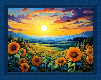 SUNSHINE SUNFLOWERS Flower Floral Fabric Quilt Panel 36&quot; x 45&quot;, Sunrise, Sunset, Mountain, Flowers