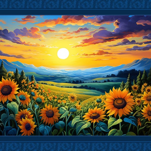 SUNSHINE SUNFLOWERS Flower Floral Fabric Quilt Panel 36" x 45", Sunrise, Sunset, Mountain, Flowers