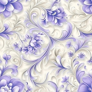 May include: A seamless pattern featuring a repeating floral design. The design showcases stylized purple flowers and leaves with white and gray accents against a cream-colored background. The pattern has a 3D effect.