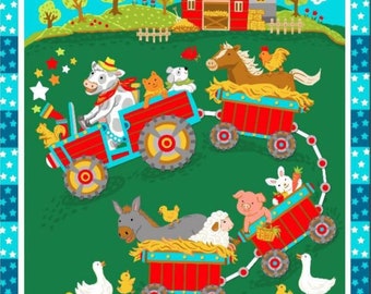 Barnyard Animal Tractor Fabric Baby Quilt Panel 100% Cotton Fabric
