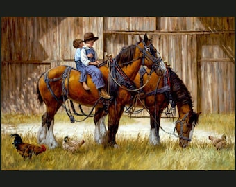 BACK to the BARN Fabric Quilt Panel 36&quot; x 45&quot;, Farm, Rustic Barn, Kids, Children,  Horses, Country, Nostalgia, Western (see description...)