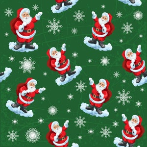 SANTA ON CLOUDS Green Christmas Fabric 100% Cotton, Available By the Yard in Continuous Yardage