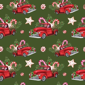 LOADED DOWN Old Truck Candy Cane Christmas Fabric 100% Cotton