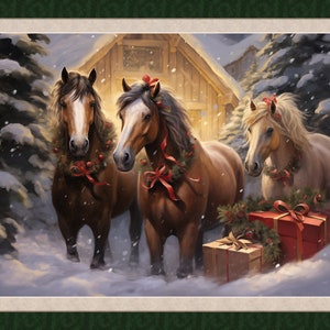 HOLIDAY HORSES 36&quot; x 45&quot; Fabric Quilt Panel, Christmas, Holiday, Snow, Barn