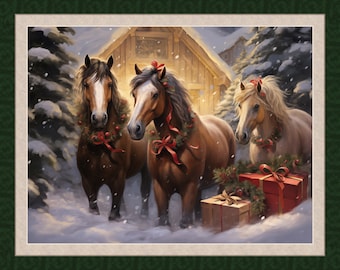 HOLIDAY HORSES 36&quot; x 45&quot; Fabric Quilt Panel, Christmas, Holiday, Snow, Barn (see description...)