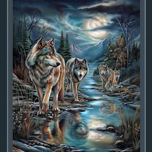 May include: A rectangular wall art print titled MOONLIGHT HUNT featuring a pack of four wolves walking through a shallow stream at night. The scene includes a large full moon, dark clouds, evergreen trees, and rocky terrain with blue water reflections.