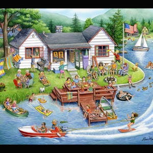 LAKE HOUSE 36&quot; x 45&quot; Fabric Quilt Panel, Lake, Countryside, Landscape, Beach, Water (see description...)