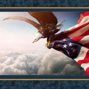 May include: A bald eagle with outstretched wings soars above a field of clouds, holding a waving American flag in its talons. The flag is red, white, and blue with stars on the blue field.