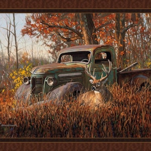 BUCK and a TRUCK Fabric Quilt Panel 36&quot; x 45&quot;, Deer, Buck, Hunting (see description...)
