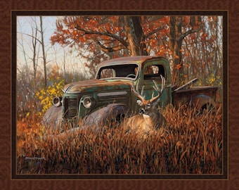 Pode incluir: Uma pintura artística de um caminhão verde vintage e desgastado estacionado em um campo com um veado. O caminhão é cercado por grama alta e seca e folhagem de outono. A obra de arte tem um tema rústico e ao ar livre.