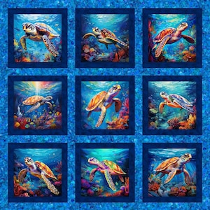 May include: A fabric panel featuring nine square images of sea turtles swimming underwater. Each turtle is depicted in vibrant colors against a backdrop of coral reefs and blue water. The panel has a dark blue border.