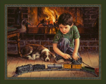 THE ENGINEER Boy Dog Train Fabric Quilt Panel