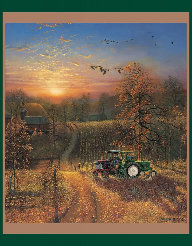 HARVEST BREAK Fabric Quilt Panel 36" x 45", Farm, Tractor, Sunset (see description...)