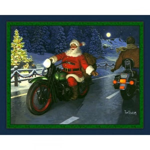 MOTORCYCLE SANTA Christmas Fabric Quilt Panel