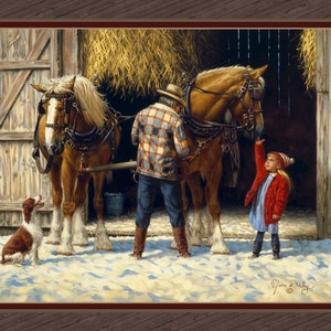 HITCHING UP Fabric Quilt Panel 36" x45", Horses, Farm, Country, Western, Barn, Nostalgia (see description...)