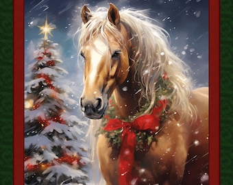 CHRISTMAS HORSE Fabric Quilt Panel 36" x 45", Christmas, Holiday, Snow
