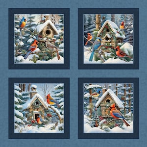 SNOWBIRDS Fabric Pillow Quilt Panel 36&quot; x 45&quot; , Birds, Snowbirds, Songbirds, Birdhouses (see description...)
