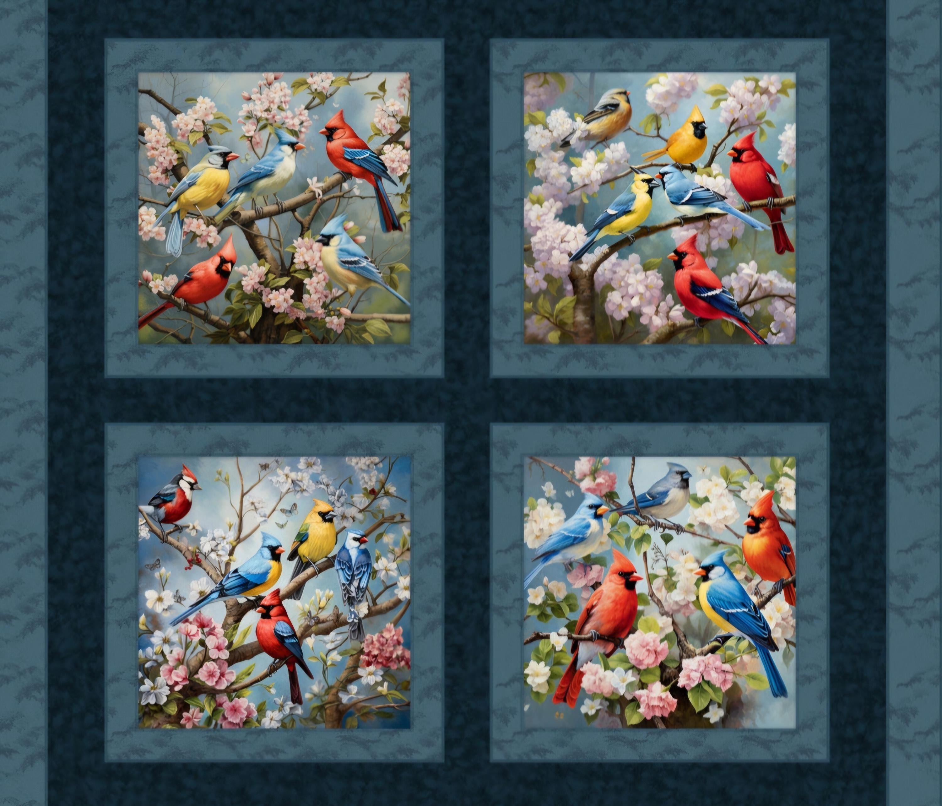 BRANCH BUDDIES Fabric Pillow Quilt Panel 36" x 45", Birds, Cardinal, Blue Jay, Flowers, Floral (see description...)